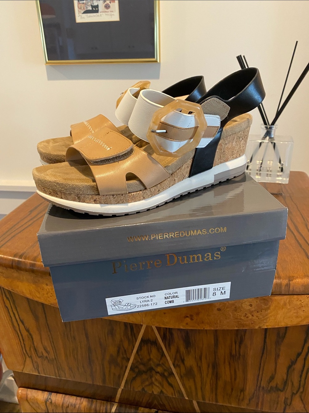 Pierre Dumas Tan, Cream & Black Cork Wedge Sandals, size 8